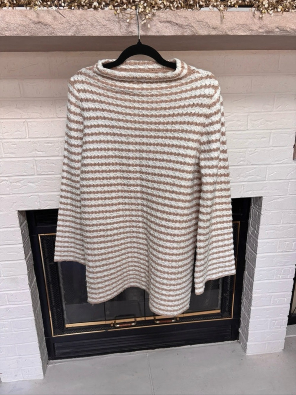 Mystree Cream and Tan Striped Cowl Neck Sweater